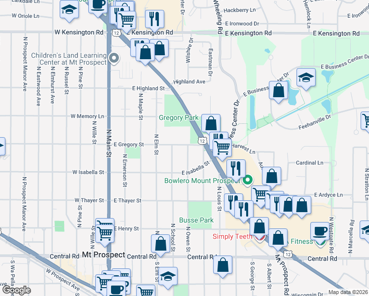 map of restaurants, bars, coffee shops, grocery stores, and more near 318 North Owen Street in Mount Prospect