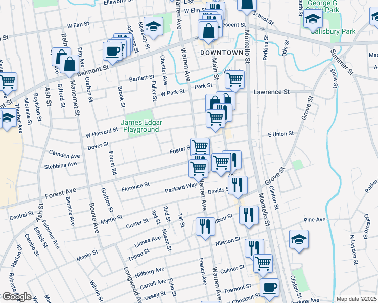 map of restaurants, bars, coffee shops, grocery stores, and more near 10 Foster Street in Brockton