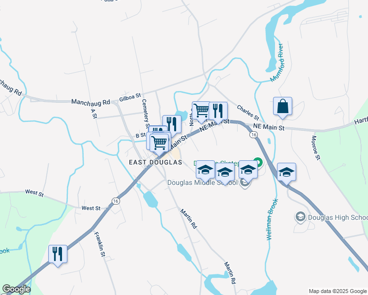 map of restaurants, bars, coffee shops, grocery stores, and more near 349 Main Street in Douglas