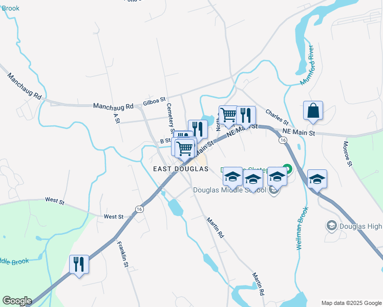 map of restaurants, bars, coffee shops, grocery stores, and more near 328 Main Street in Douglas