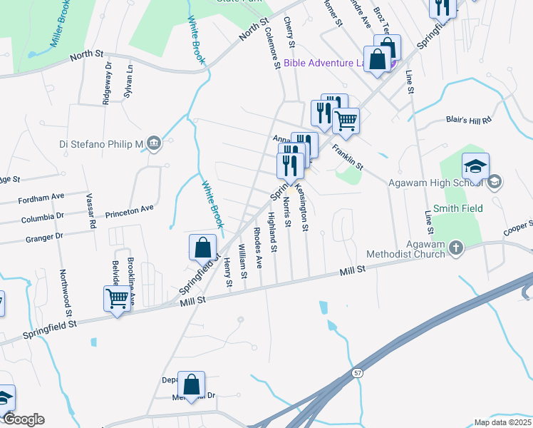 map of restaurants, bars, coffee shops, grocery stores, and more near 878 Springfield Street in Agawam