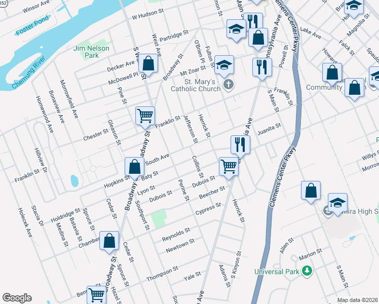 map of restaurants, bars, coffee shops, grocery stores, and more near 601-603 Collins Street in Elmira