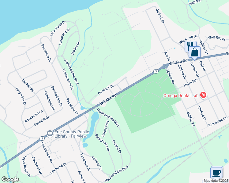 map of restaurants, bars, coffee shops, grocery stores, and more near 5909 Overlook Dr in Erie