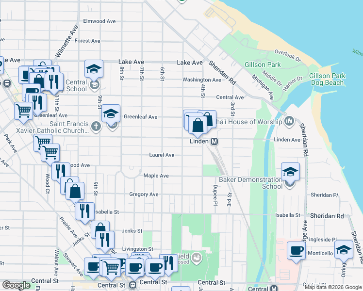 map of restaurants, bars, coffee shops, grocery stores, and more near 515 Linden Avenue in Wilmette