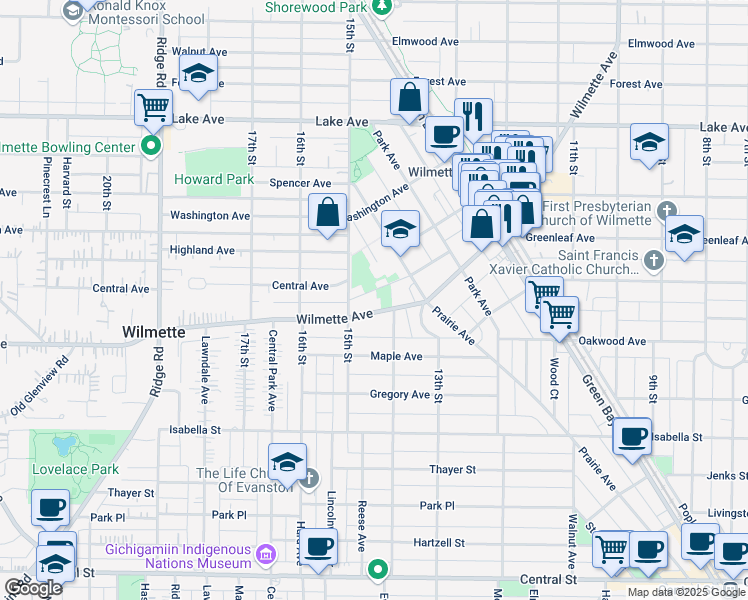map of restaurants, bars, coffee shops, grocery stores, and more near 418 15th Street in Wilmette