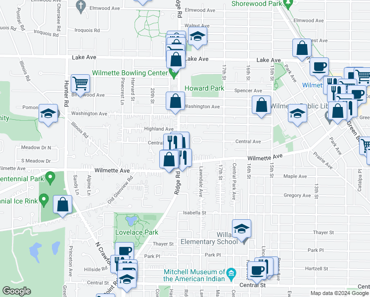 map of restaurants, bars, coffee shops, grocery stores, and more near 1747 Central Avenue in Wilmette