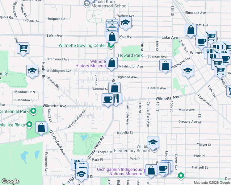 map of restaurants, bars, coffee shops, grocery stores, and more near 1907 Central Avenue in Wilmette
