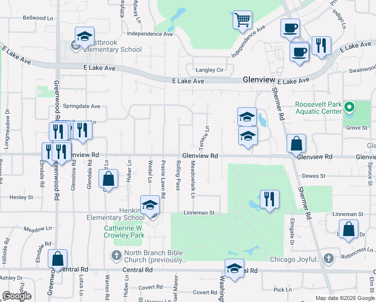 map of restaurants, bars, coffee shops, grocery stores, and more near 1004 Meadowlark Lane in Glenview