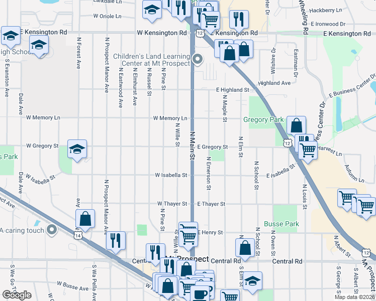map of restaurants, bars, coffee shops, grocery stores, and more near 321 North Wille Street in Mount Prospect