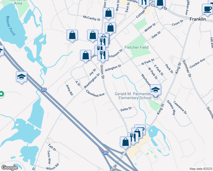 map of restaurants, bars, coffee shops, grocery stores, and more near 446 Union Street in Franklin