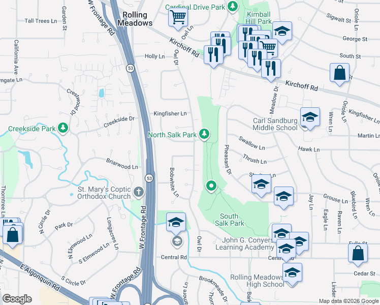 map of restaurants, bars, coffee shops, grocery stores, and more near 3503 Owl Drive in Rolling Meadows