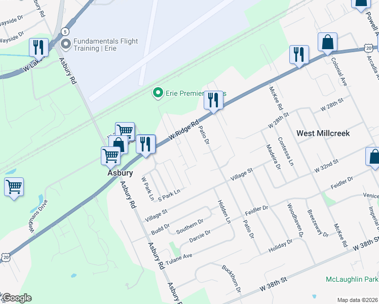 map of restaurants, bars, coffee shops, grocery stores, and more near 2718 Ganzer Lane in Erie