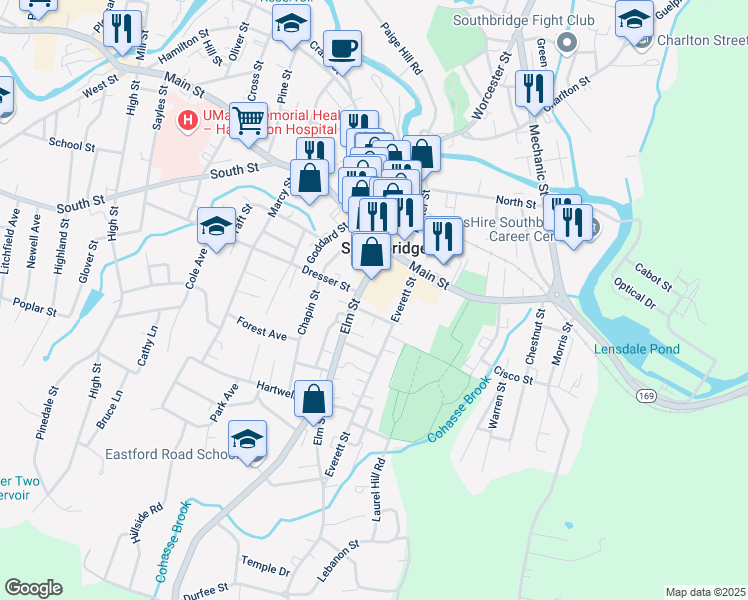 map of restaurants, bars, coffee shops, grocery stores, and more near 41 Elm Street in Southbridge