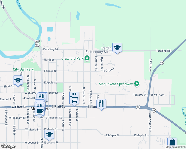 map of restaurants, bars, coffee shops, grocery stores, and more near 301-399 North Walnut Street in Maquoketa