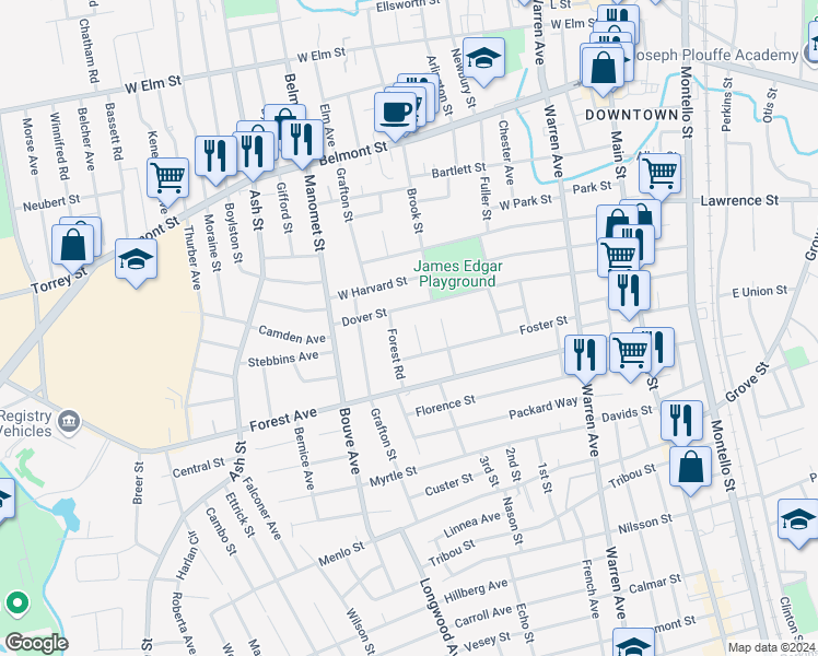 map of restaurants, bars, coffee shops, grocery stores, and more near 15 Agnew Avenue in Brockton