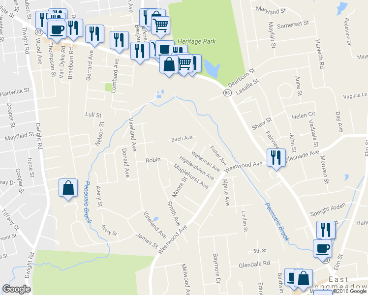 map of restaurants, bars, coffee shops, grocery stores, and more near 80 Waterman Avenue in East Longmeadow
