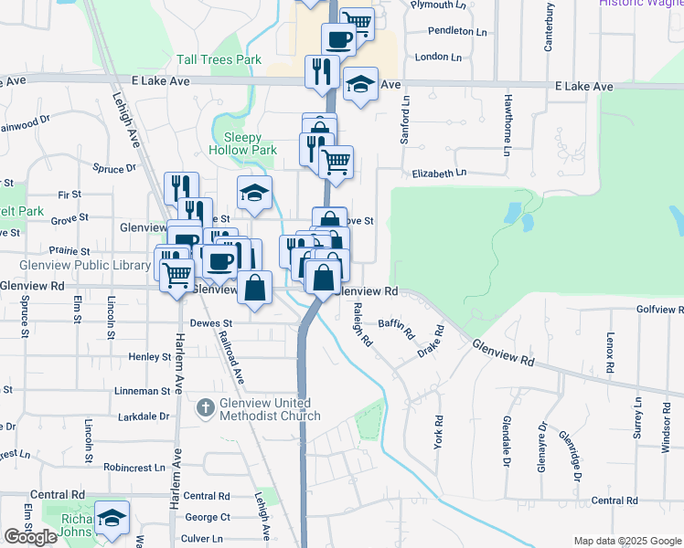 map of restaurants, bars, coffee shops, grocery stores, and more near 1628 Glenview Road in Glenview