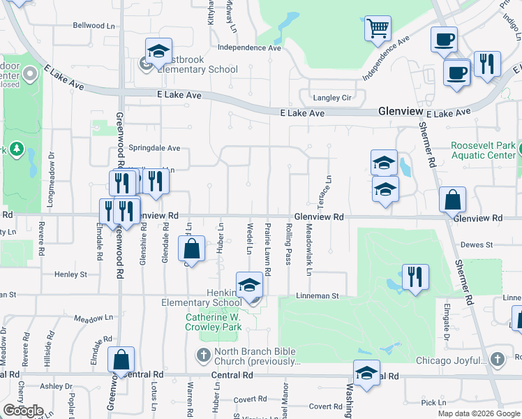 map of restaurants, bars, coffee shops, grocery stores, and more near 2920 Glenview Road in Glenview