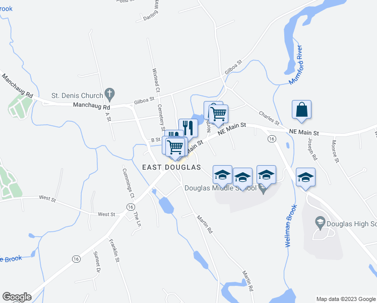 map of restaurants, bars, coffee shops, grocery stores, and more near 325 Northeast Main Street in Douglas