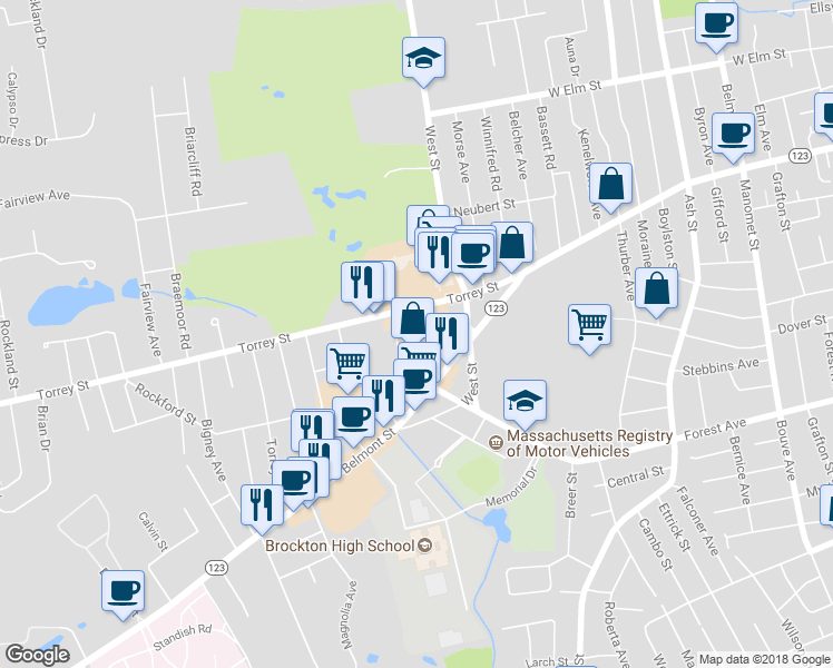 map of restaurants, bars, coffee shops, grocery stores, and more near 599 Belmont Street in Brockton
