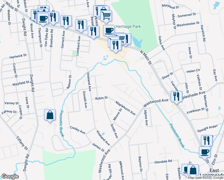 map of restaurants, bars, coffee shops, grocery stores, and more near 80 Waterman Avenue in East Longmeadow