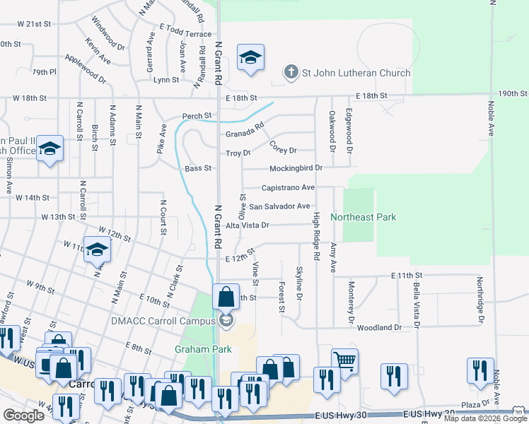 map of restaurants, bars, coffee shops, grocery stores, and more near 616 San Salvador Avenue in Carroll