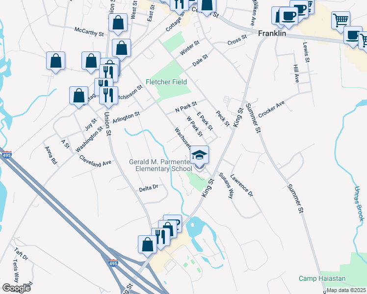 map of restaurants, bars, coffee shops, grocery stores, and more near 185 Wachusett Street in Franklin