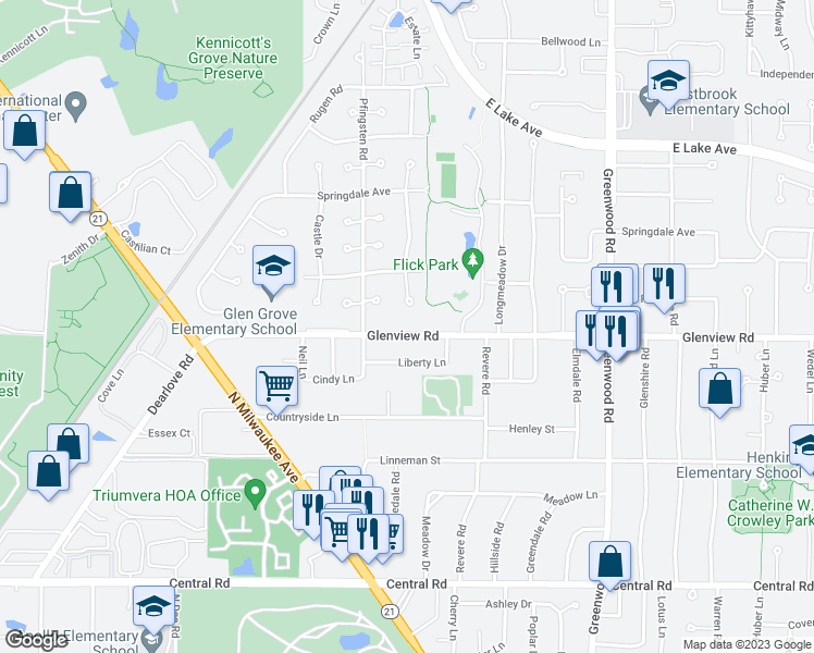map of restaurants, bars, coffee shops, grocery stores, and more near 3636 Glenview Road in Glenview