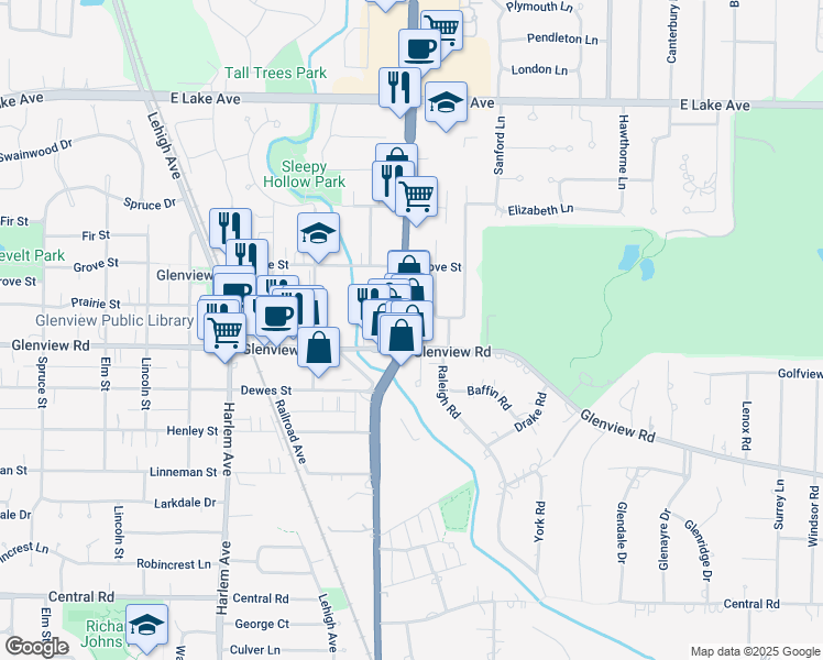 map of restaurants, bars, coffee shops, grocery stores, and more near 1628 Glenview Road in Glenview