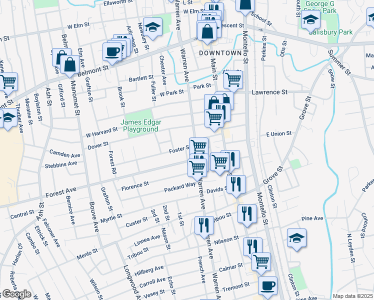 map of restaurants, bars, coffee shops, grocery stores, and more near 4 Track Street in Brockton