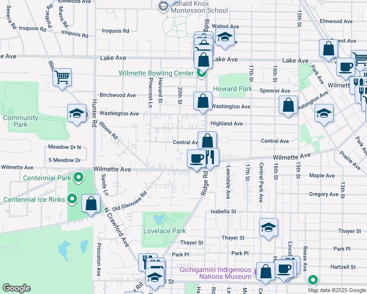 map of restaurants, bars, coffee shops, grocery stores, and more near 1935 Central Avenue in Wilmette