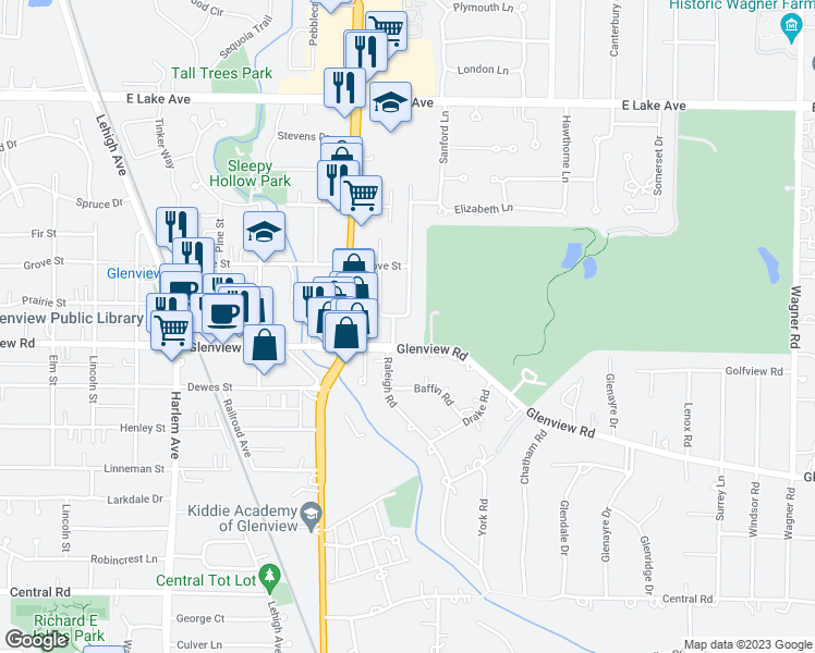 map of restaurants, bars, coffee shops, grocery stores, and more near 1019 Raleigh Road in Glenview