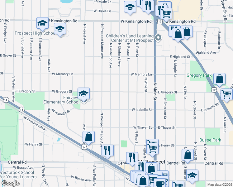 map of restaurants, bars, coffee shops, grocery stores, and more near 320 North Elmhurst Avenue in Mount Prospect