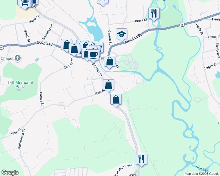 map of restaurants, bars, coffee shops, grocery stores, and more near 68 South Main Street in Uxbridge