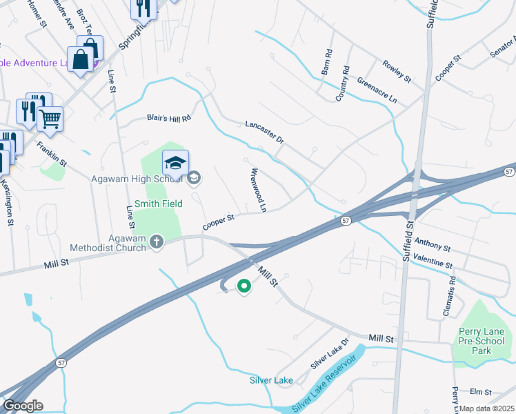 map of restaurants, bars, coffee shops, grocery stores, and more near 658 Cooper Street in Agawam