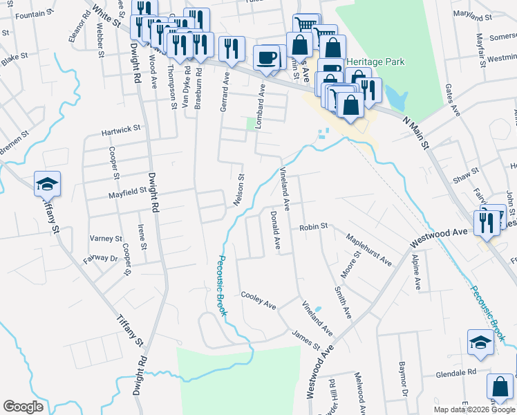map of restaurants, bars, coffee shops, grocery stores, and more near 45 Young Ave in East Longmeadow