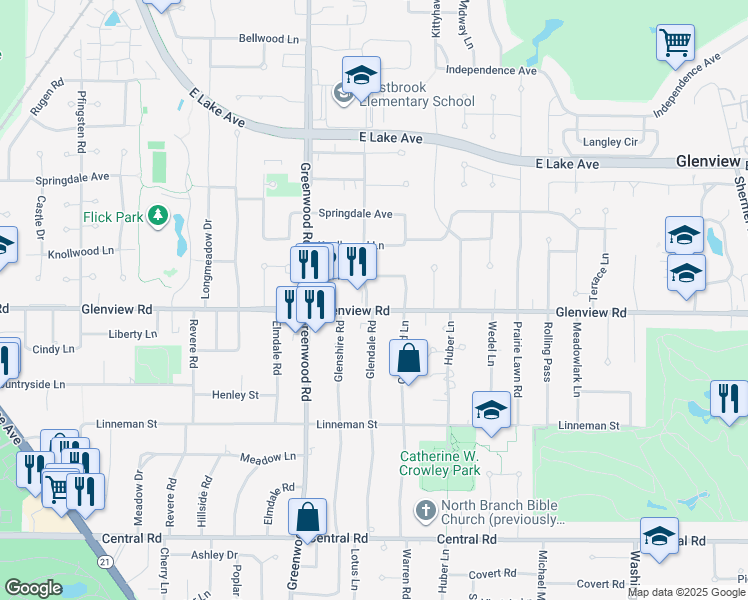 map of restaurants, bars, coffee shops, grocery stores, and more near 3060 Glenview Road in Glenview