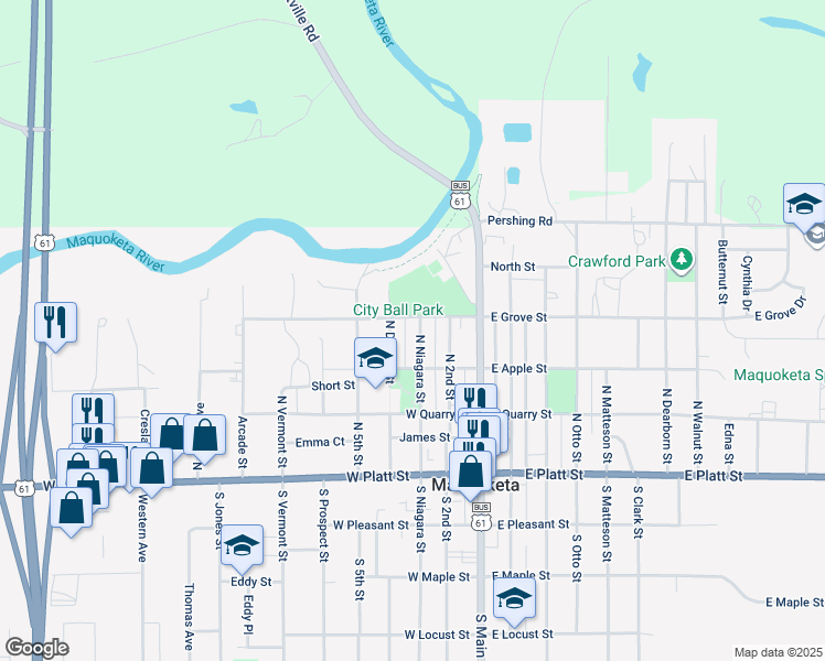 map of restaurants, bars, coffee shops, grocery stores, and more near 401-499 North Niagara Street in Maquoketa