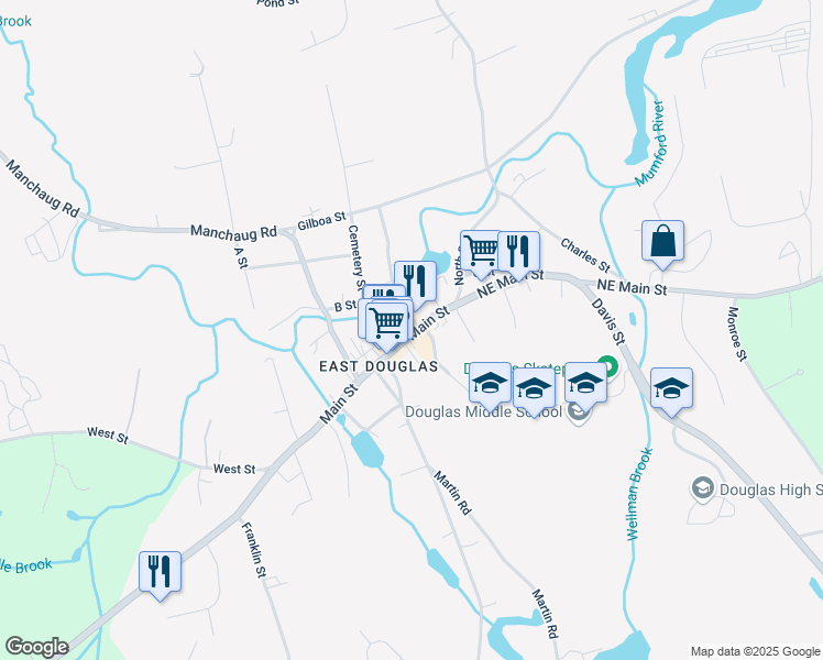 map of restaurants, bars, coffee shops, grocery stores, and more near 328 Main Street in Douglas