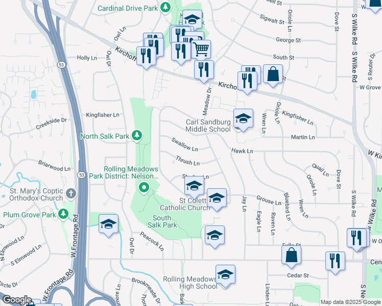 map of restaurants, bars, coffee shops, grocery stores, and more near 3005 Swallow Lane in Rolling Meadows