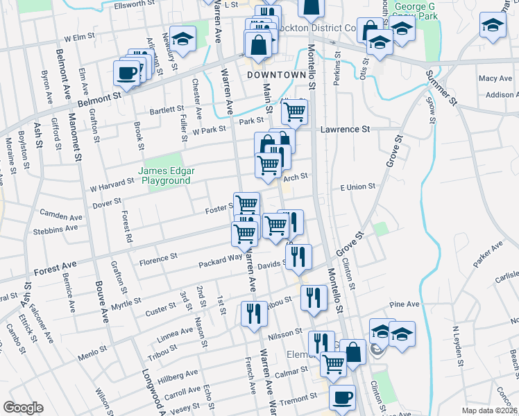 map of restaurants, bars, coffee shops, grocery stores, and more near 16 Central Square in Brockton