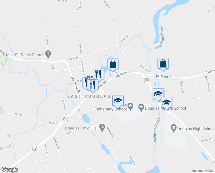 map of restaurants, bars, coffee shops, grocery stores, and more near 349 Main Street in Douglas
