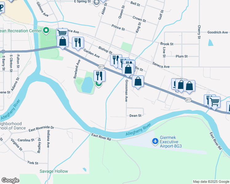 map of restaurants, bars, coffee shops, grocery stores, and more near 862R East State Street in Olean