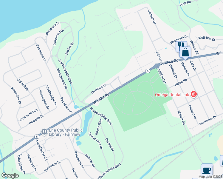 map of restaurants, bars, coffee shops, grocery stores, and more near 5900 West Lake Road in Erie