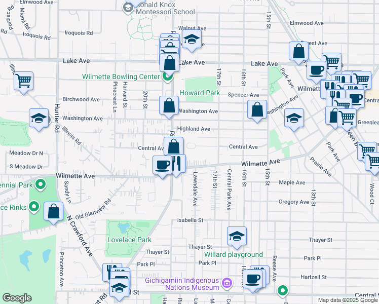 map of restaurants, bars, coffee shops, grocery stores, and more near 1747 Central Avenue in Wilmette