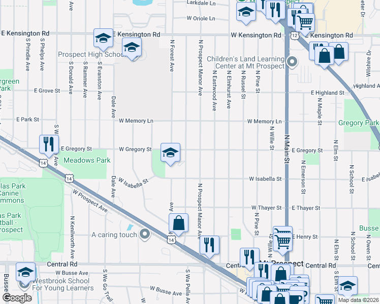 map of restaurants, bars, coffee shops, grocery stores, and more near 321 North Fairview Avenue in Mount Prospect