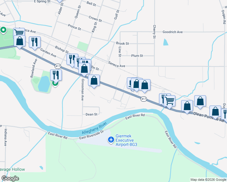 map of restaurants, bars, coffee shops, grocery stores, and more near 1160 E State St in Olean