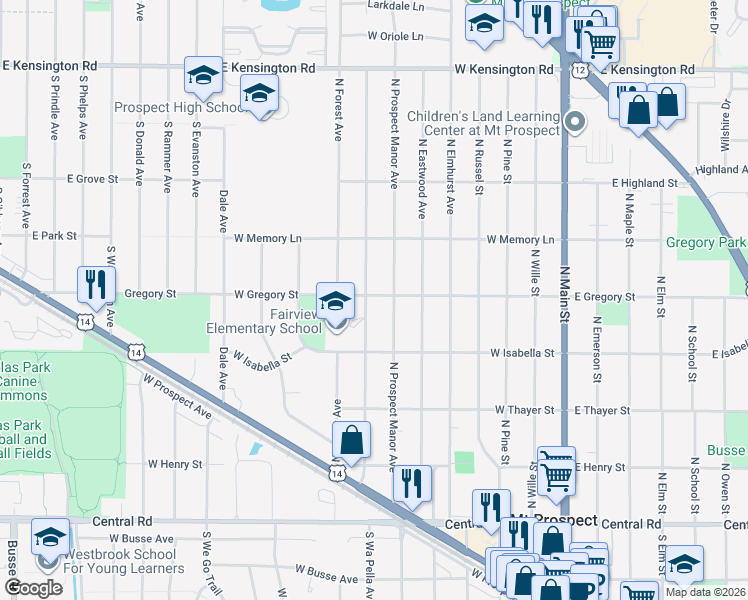 map of restaurants, bars, coffee shops, grocery stores, and more near 321 North Fairview Avenue in Mount Prospect