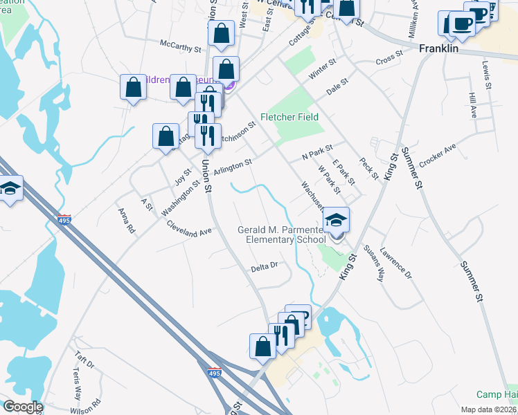 map of restaurants, bars, coffee shops, grocery stores, and more near 21 James Street in Franklin