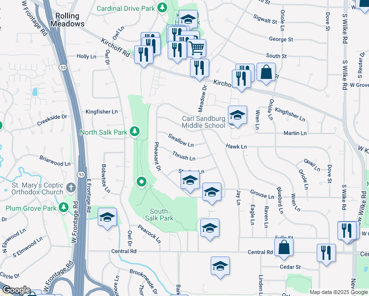 map of restaurants, bars, coffee shops, grocery stores, and more near 3005 Swallow Lane in Rolling Meadows